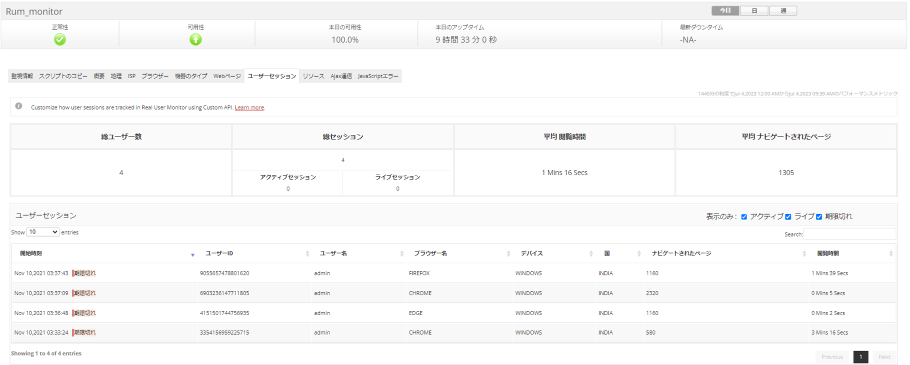 セッションごとの性能が分かる画面